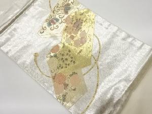 螺鈿引箔硯箱に桐・菊唐草・花々模様織出し名古屋帯